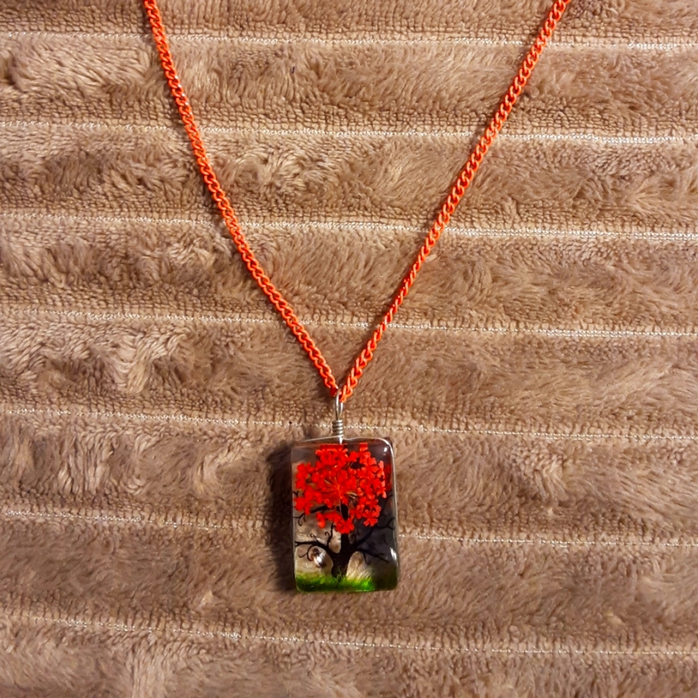 Handmade Dried Flowers Pressed Flowers,Fall Leaves Necklace With Matching Orange